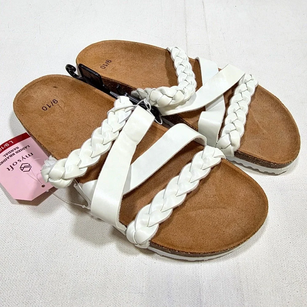 Mysoft Braided Sandal Ladies 9/10 White Slide Strappy Comfort Summer Beach Shoes
